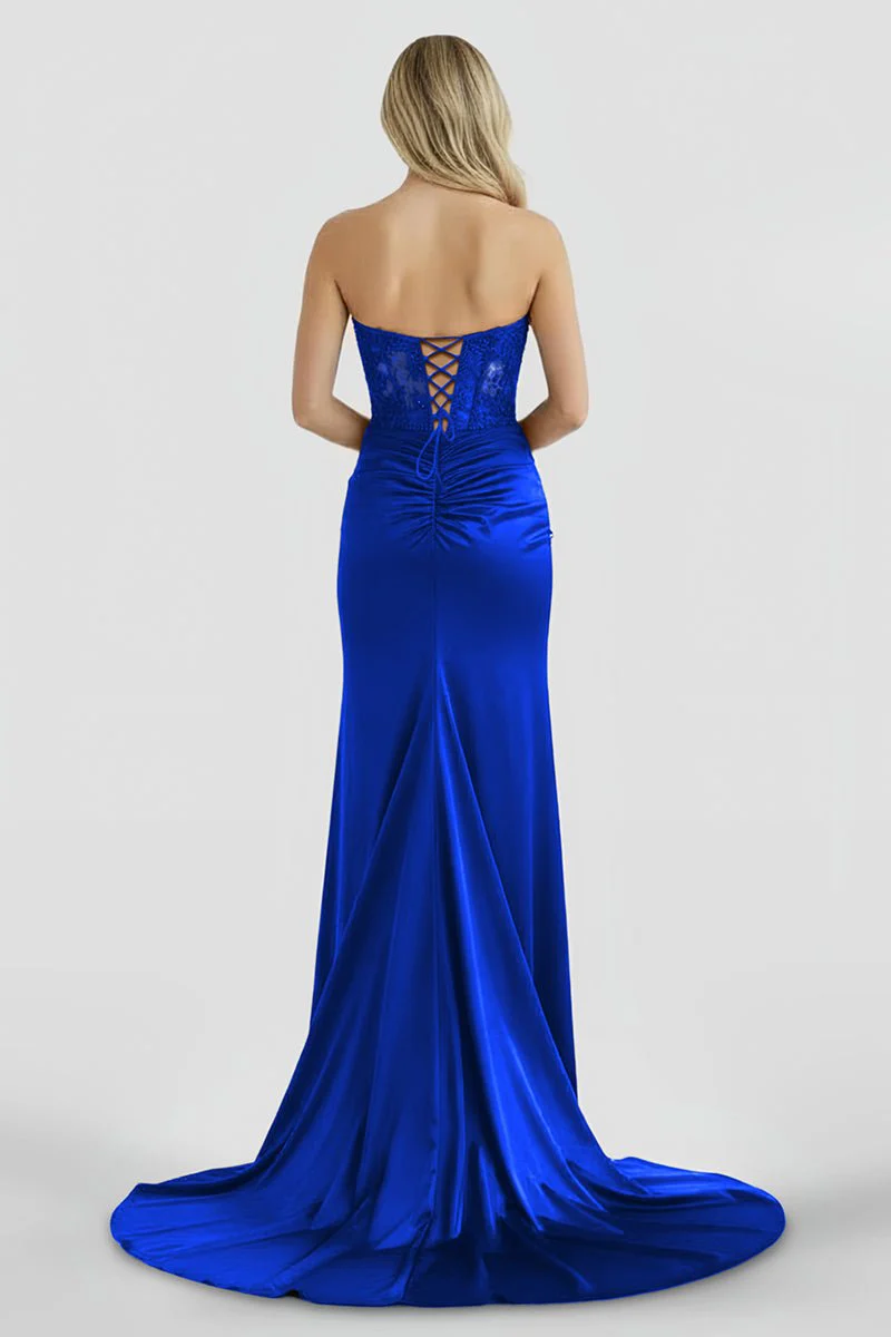 Royal Blue Strapless Lace Mermaid Long Prom Dresses With Slit