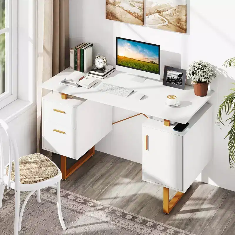 Costway 51 Home Office Desk with Floating Desktop Dual Drawers Cabinet & Metal Frame