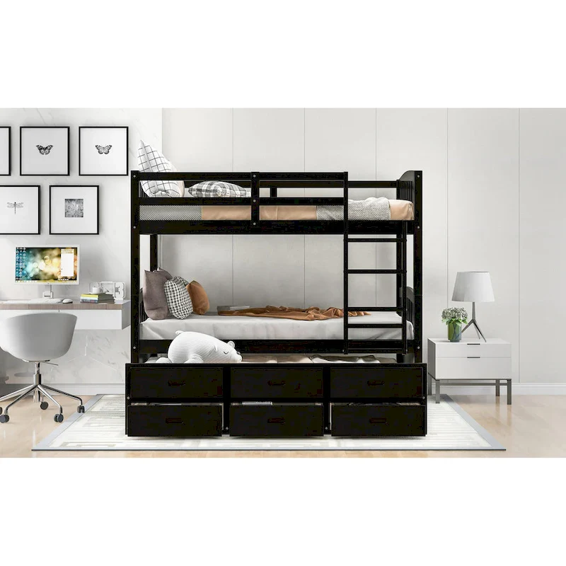 Wood Bunk Bed with Trundle and Drawers