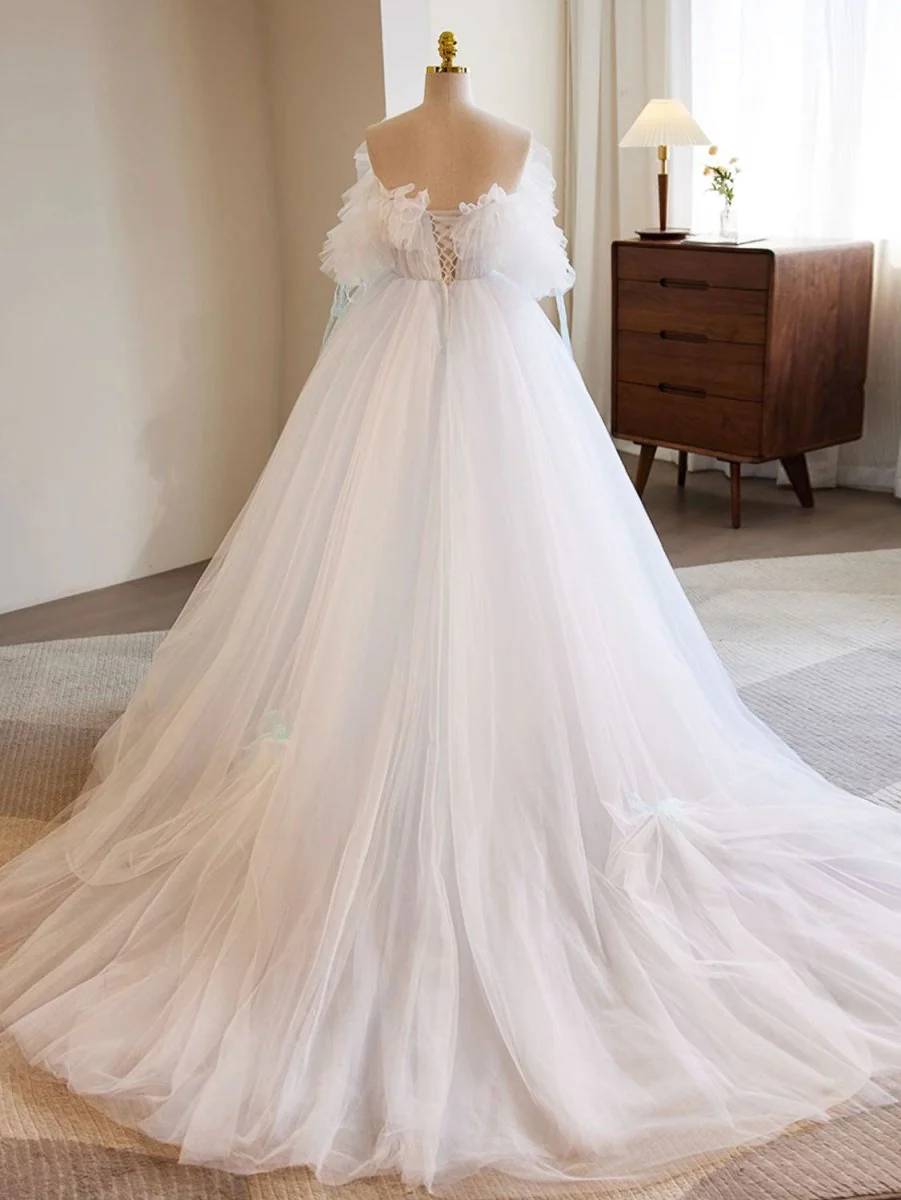 White A-Line Tulle Long Prom Dress White Formal Dress