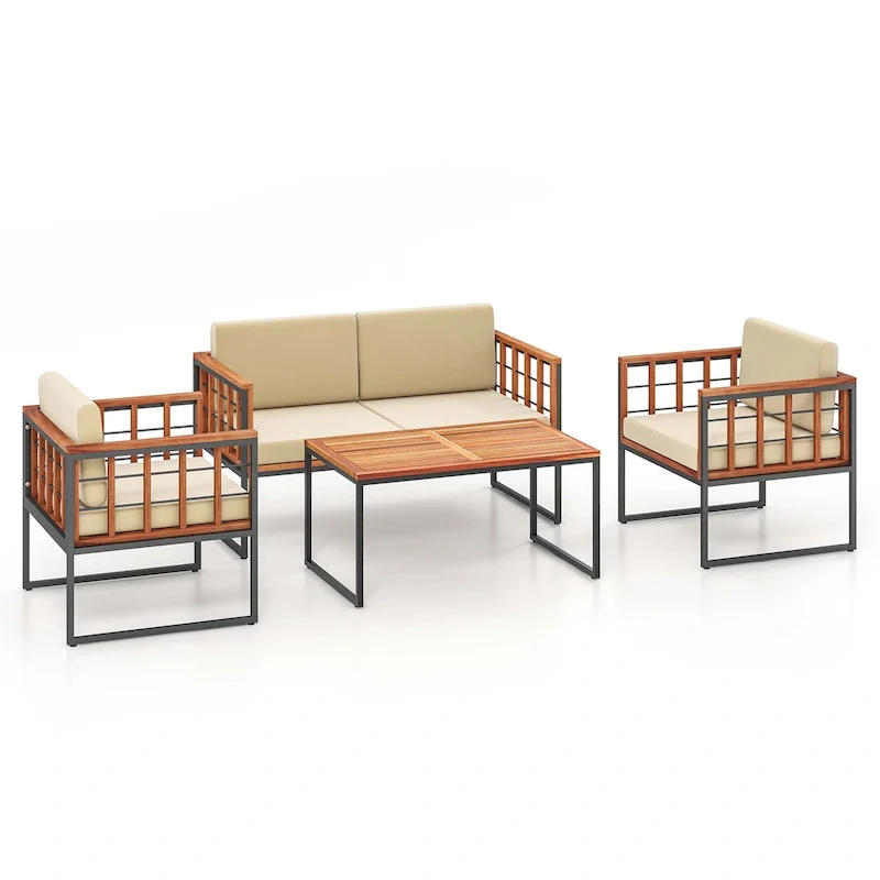 4 PCS Outdoor Furniture Set Wood Outdoor Sofa Set W/ Soft Cushions