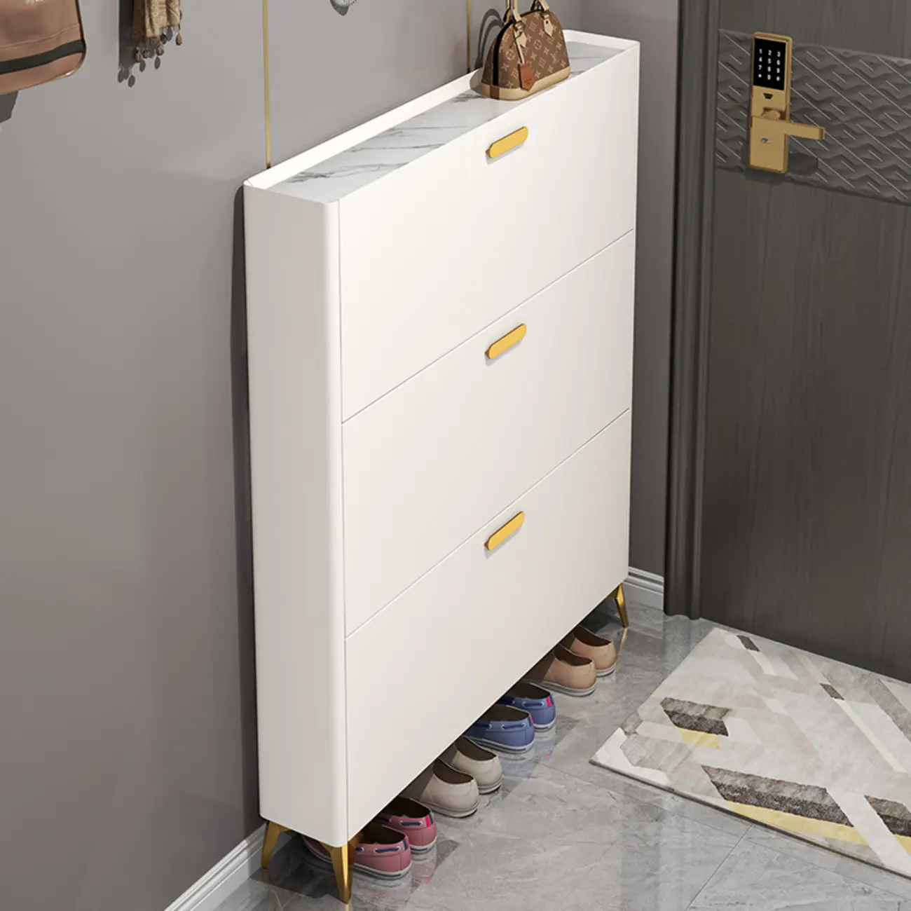 Grey/White Wood Hidden Storage Shoe Cabinet for Entryway