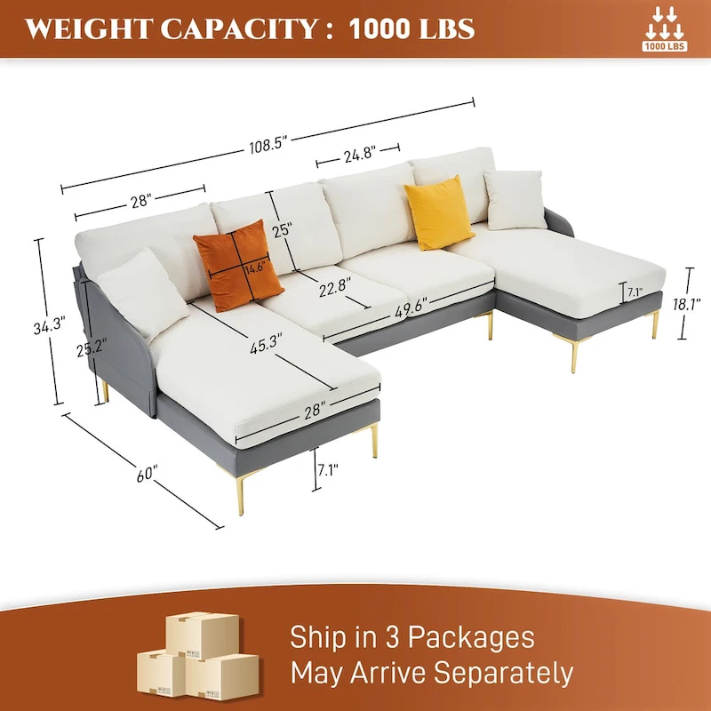 Ouyessir U-Shape Sectional Sofa 4-Seat Couch with Double Chaise Lounge
