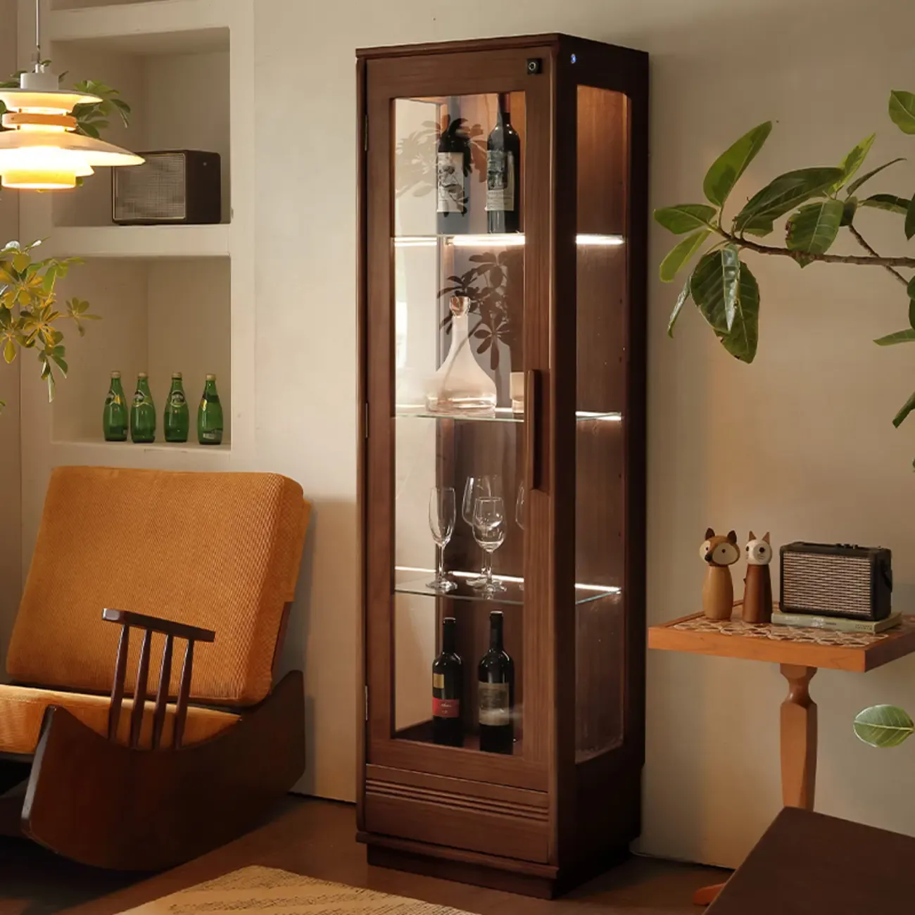 Nordic Tall Wooden 4-Shelf Curio Cabinet with Light