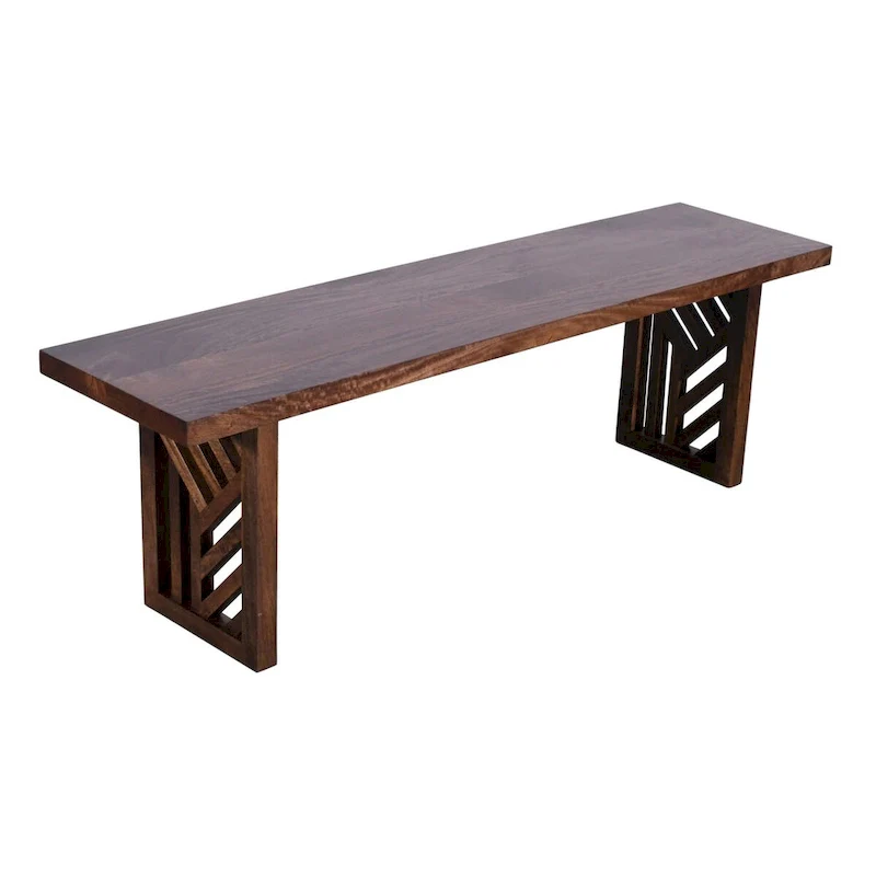 Rise 58 Inch Dining Bench, Geometric Base, Wood Grain Design, Brown Wood