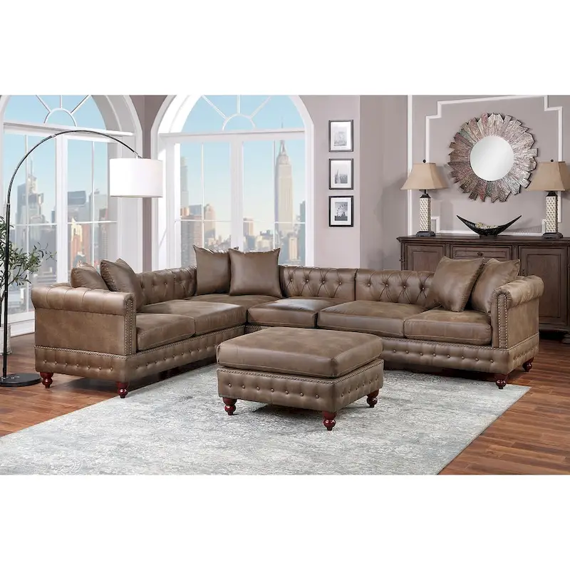 4 Piece Leatherette Upholstered Sectional Sofa Set with Wood Legs