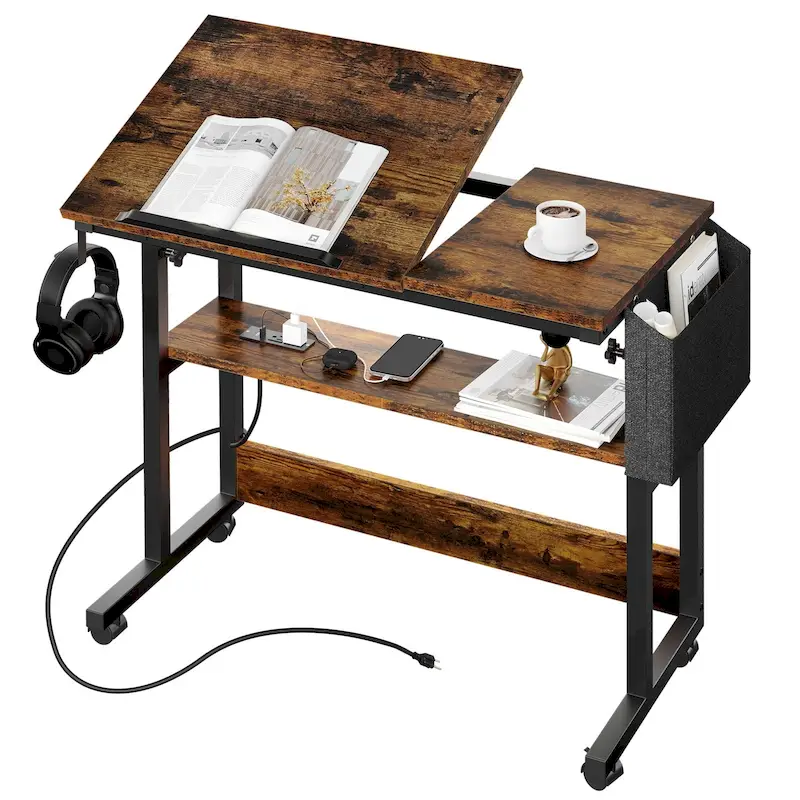 Height-Adjustable Rolling Laptop Desk with Charging Station, Brown/Grey/Black, 1-Person