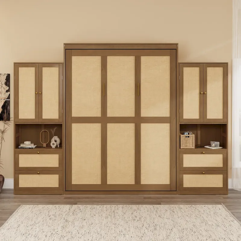 Full Size Solid Wood With Rattan Murphy Bed Cabinet Space-Saving Bed with 2 Side Cabinet Storage Shelves