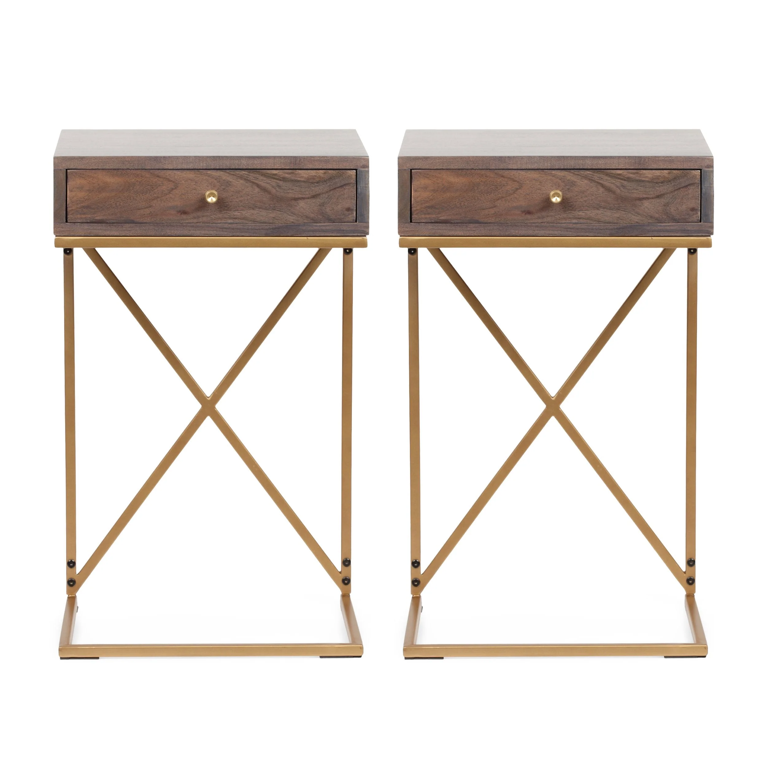 Rustic Glam Handcrafted Acacia Wood C-Shaped Side Tables, Set of 2, Dark Brown and Gold - NH124413