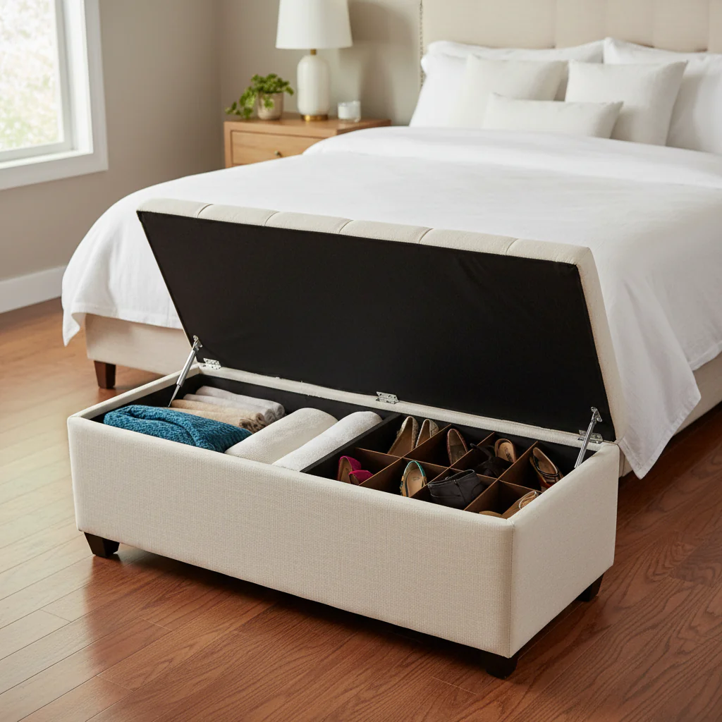 Diamond Tufted Lift-Top Storage Bench with Dual Compartments — Shoe & Linen Storage, 53