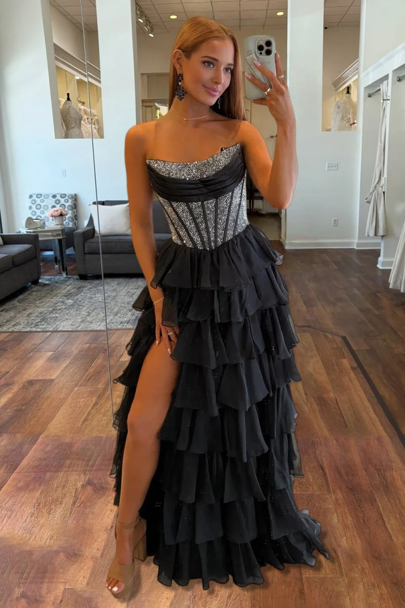 Black - A Line Strapless Chiffon Beaded Corset Long Prom Dress With Slit