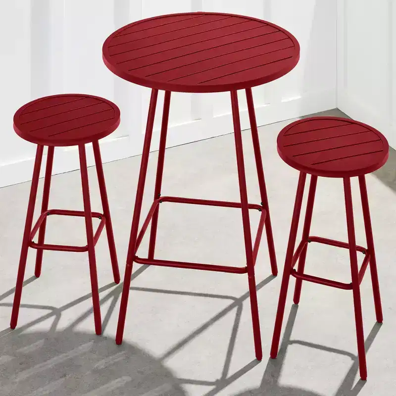 Best Choice Products 3-Piece Steel Patio Bar Height Round Bistro Set w/ Backless Stools, Slatted Design