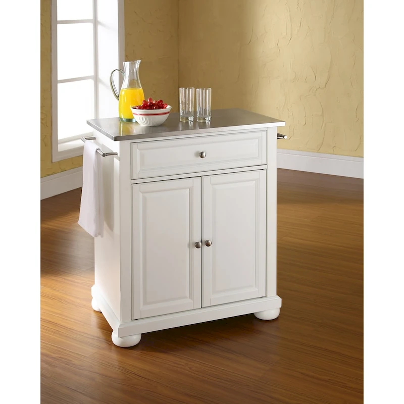 Alexandria White Wood Portable Kitchen Island with Stainless Steel Top - 31W x 18D x 33.5H
