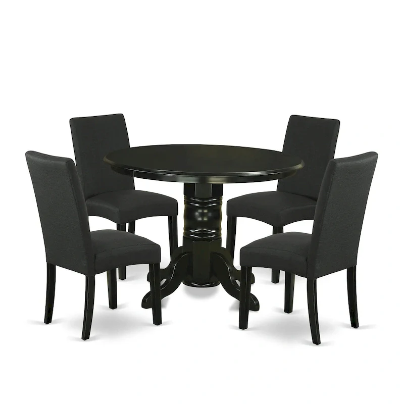 East West Furniture Kitchen Table Set- a Round Table and Black Color Linen Fabric Chairs, Black (Pieces Option)