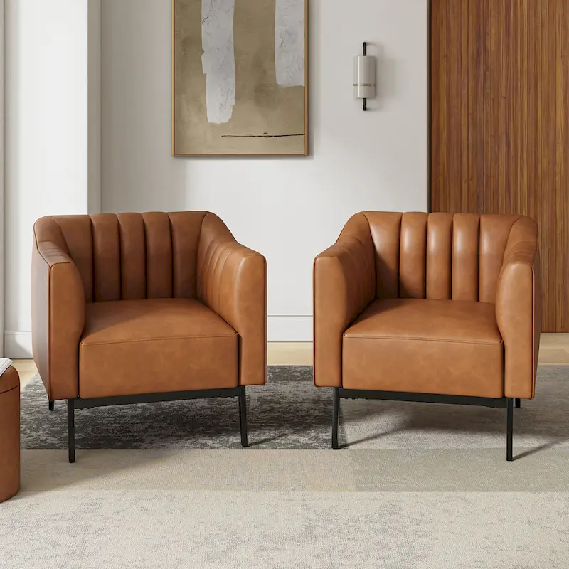 Channel Tufted PU Leather Accent Chair, Navy/Grey/Camel/Brown/Black, Metal Legs, Set of 2