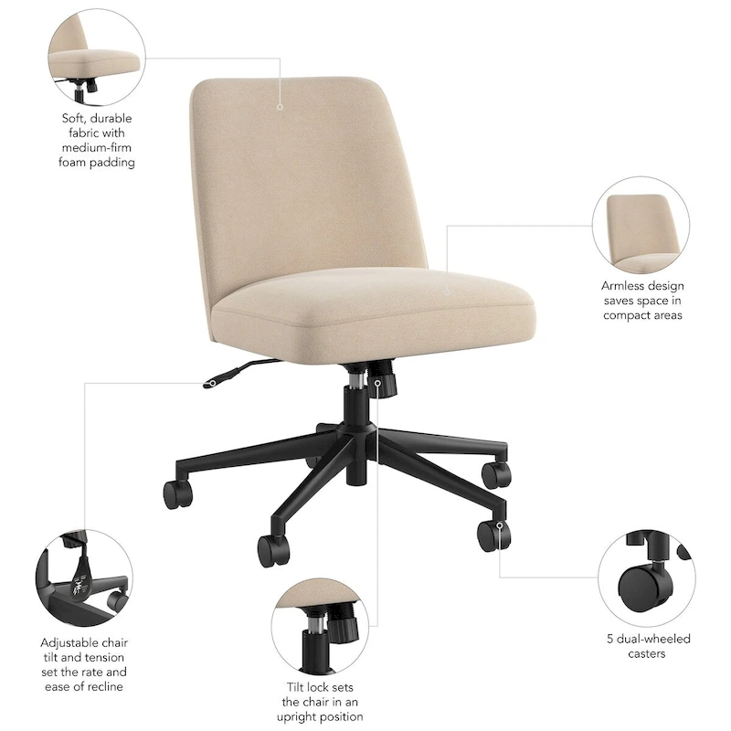 Bush Furniture Serenity Mid Back Armless Office Chair with Wheels