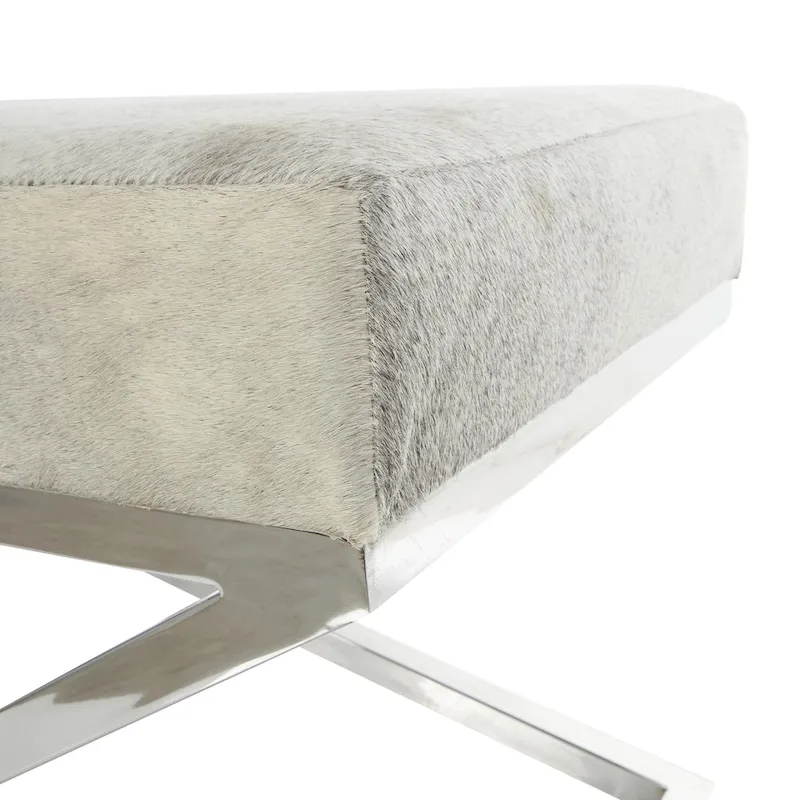 Leather Geometric Home Bench with Angled Silver Metal Base - Light Grey