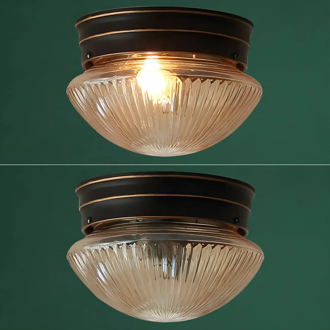 Classic Bronze Amber Ribbed Glass LED Flush Mount Ceiling Light