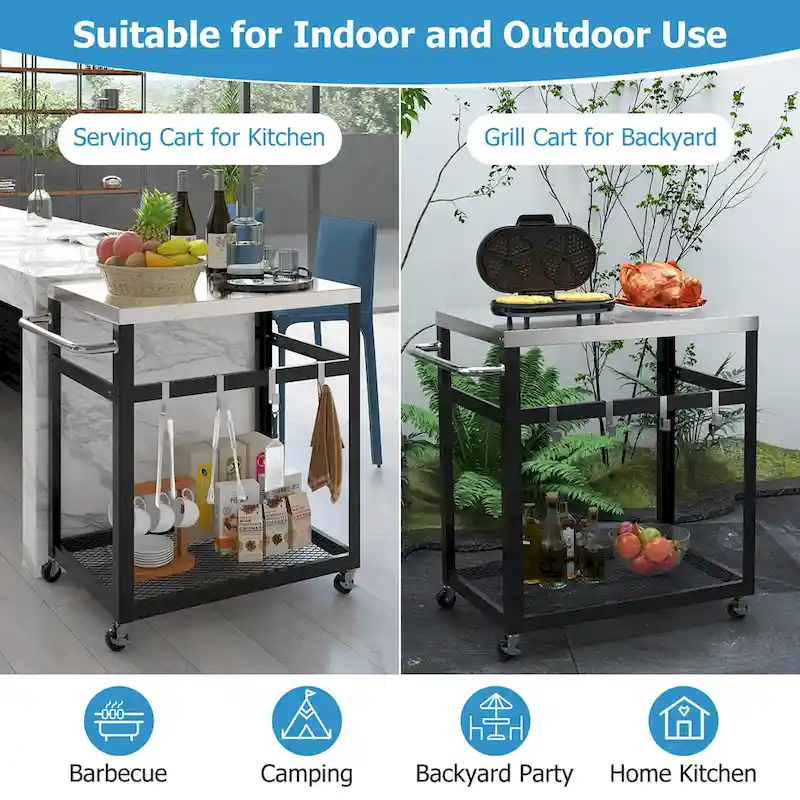 Gymax 2-tier Stainless Steel Grill Cart w/ Wheels & Handle 4 Hooks