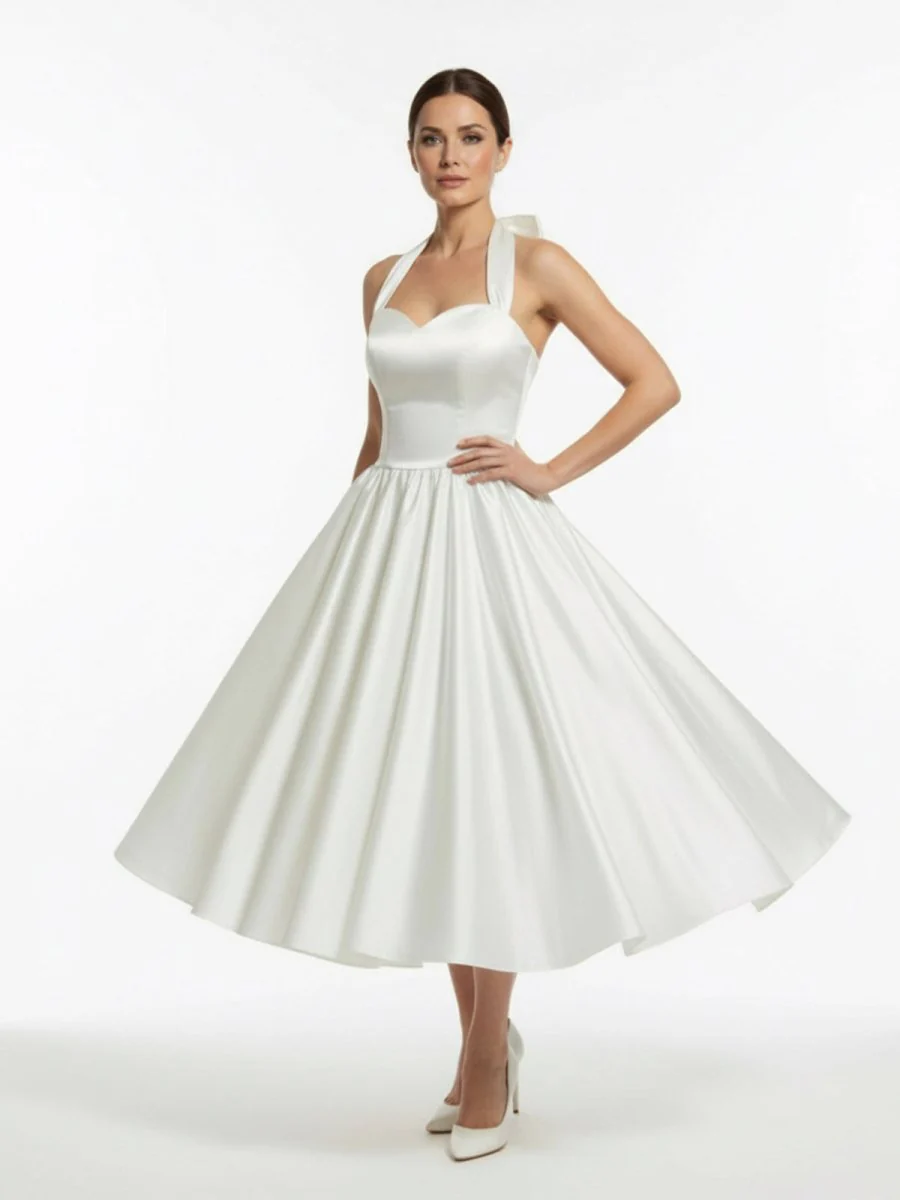 White A-Line Halter Sleeveless Tea Length Satin Bridal Gowns With Bow(s) Pleats