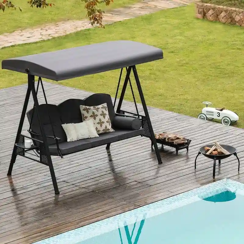 3-Person Metal Patio Swing with Canopy and Cushions - N/A