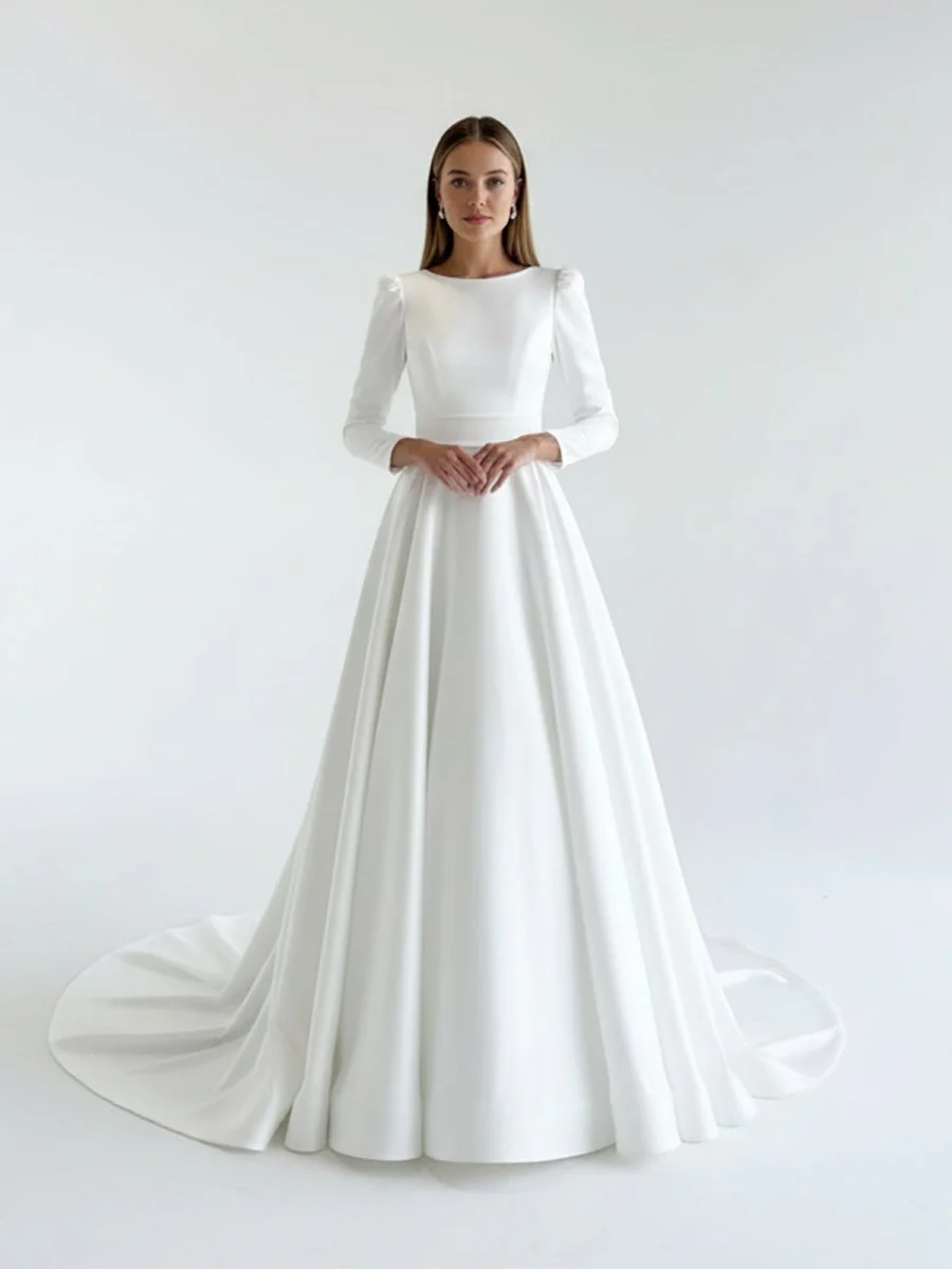 White Vintage A-Line Long Satin Bateau-Neck Wedding Dress