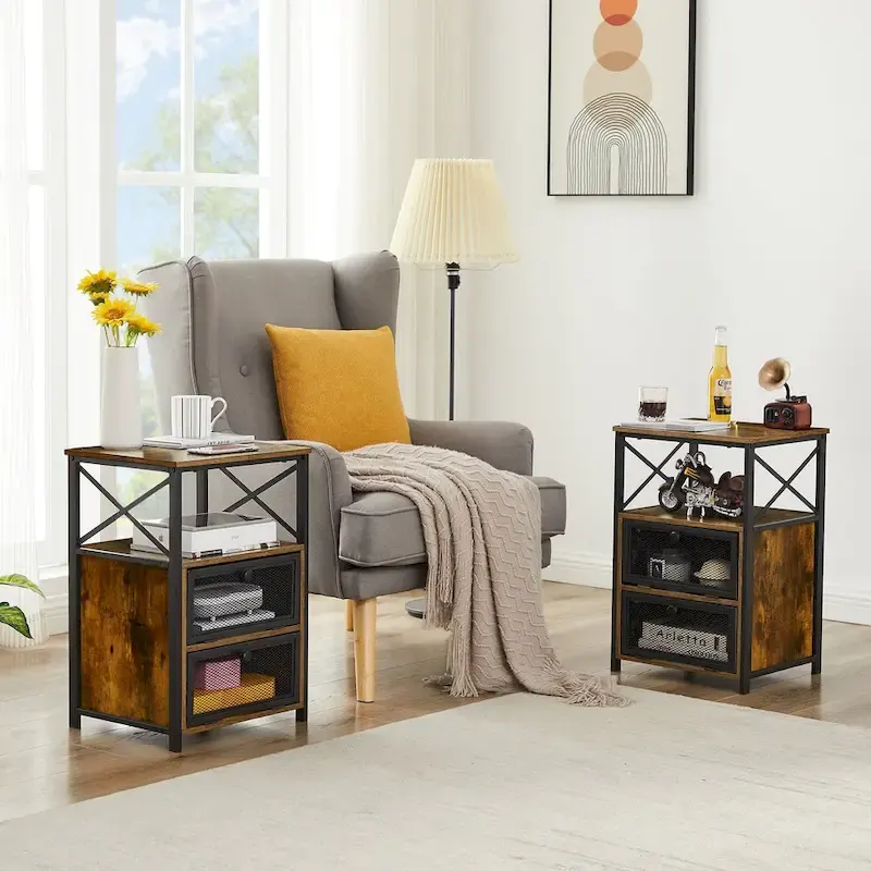 4-Pieces Bedroom Set with Drawer and Nightstands Set of 2, 5-Drawer Dresser, Brown/Grey Set