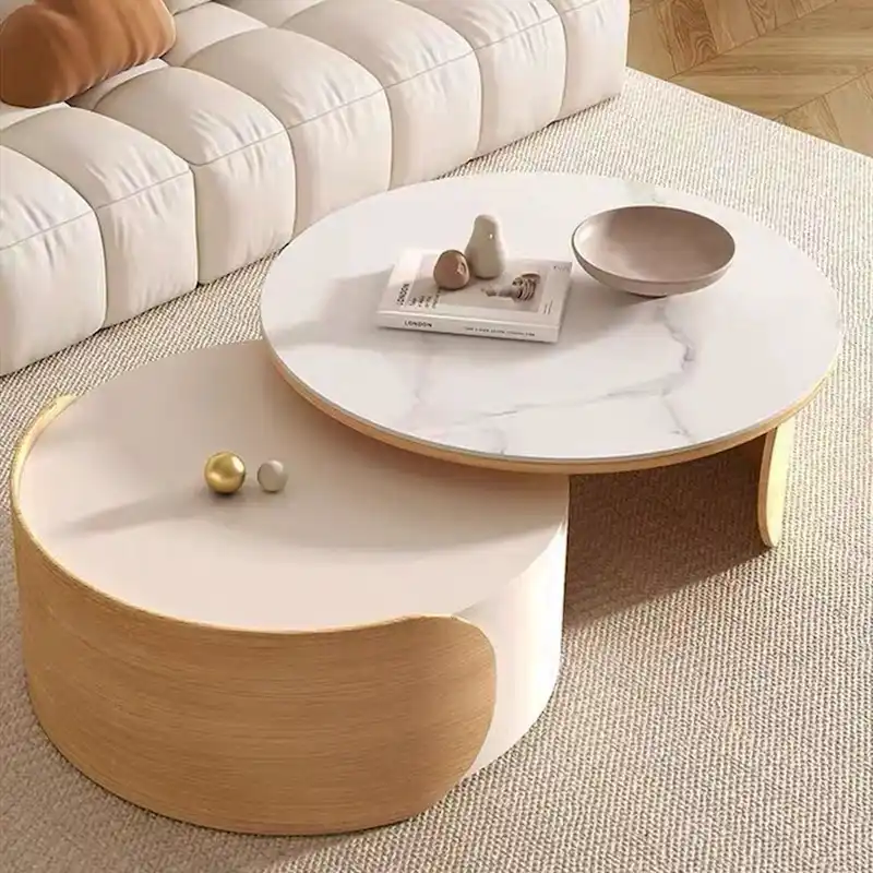 Round Coffee Table - Beige Wood with Stone Top - 31.5