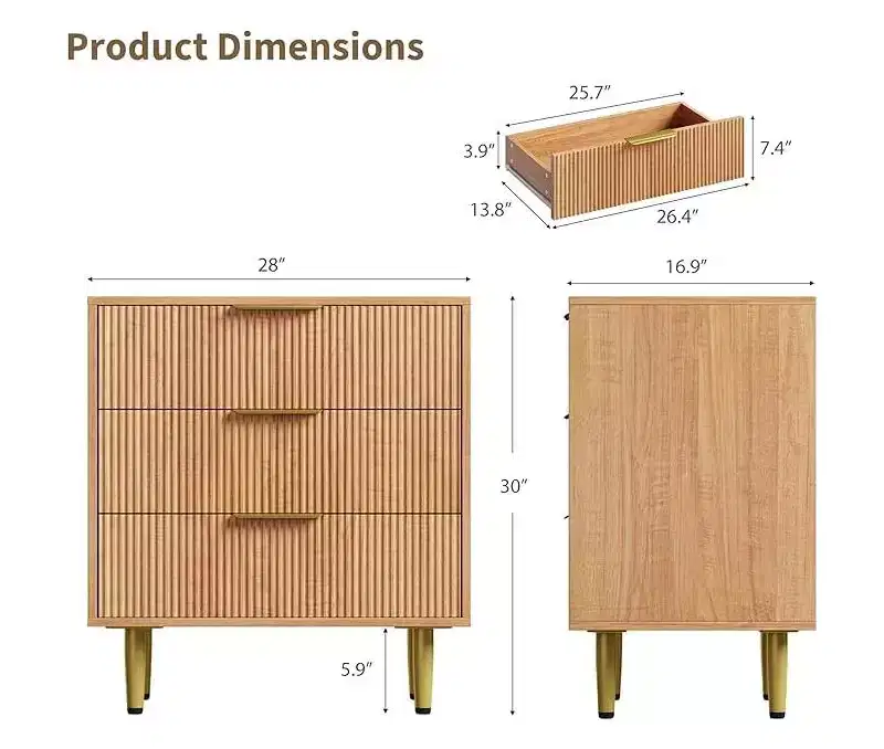 3 Drawer Dresser, Mid Century Modern Fluted Nightstand with Metal Handles & Legs, Bedside End Table for Bedroom, Living Room, Hallway, Apartment