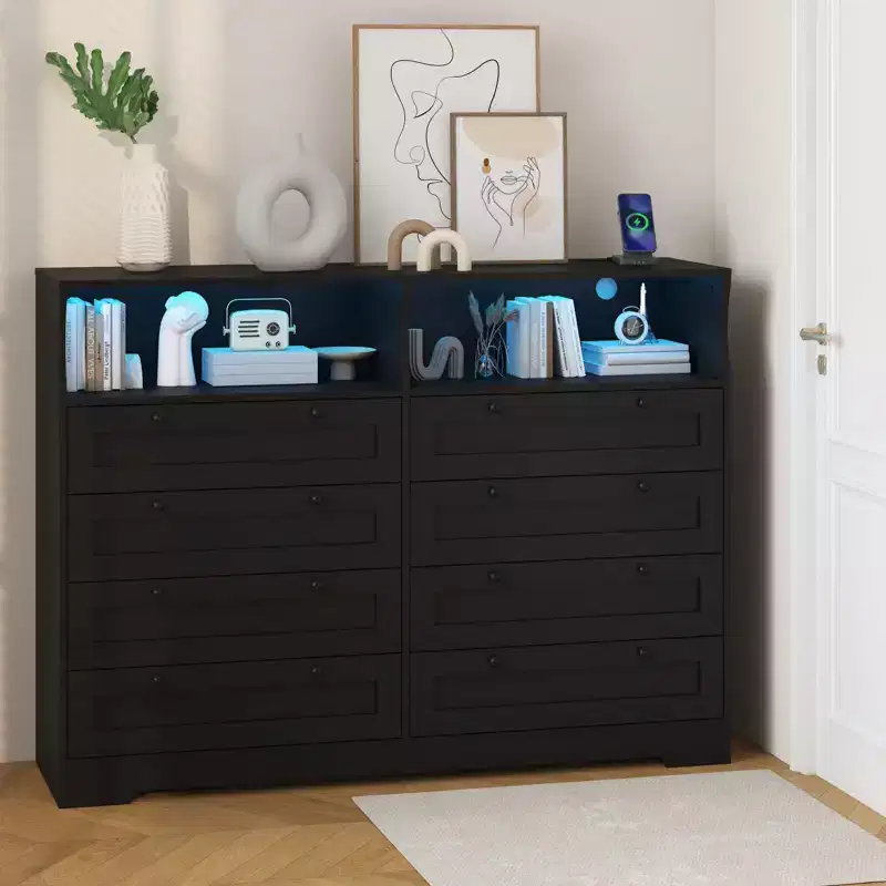 Coolmee Wood Dressers for Bedroom with 8 Drawers, Modern Wooden Dresser with Led Lights and Power Outlet, 55 Wide Drawer Dresser TV Stand