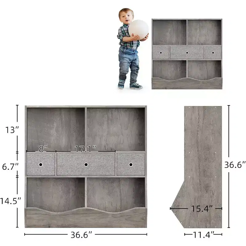 Acekool 7-Cubby Kids Toy Storage Organizer with Drawers, 3-Tier Bookcase Cabinet for Playroom, Living Room, School, 2-Pack, Gray