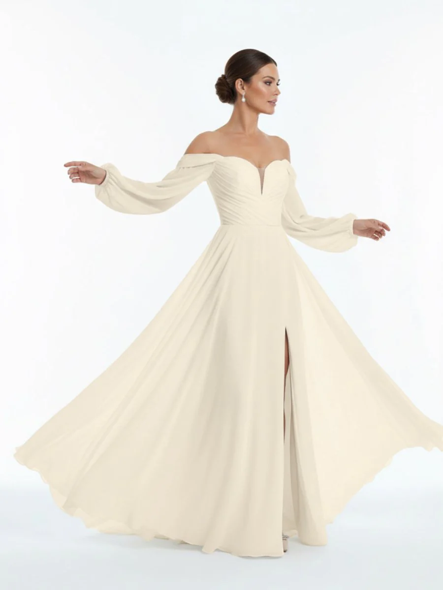 A-Line Sweetheart Long Sleeves Chiffon Sweep Train Wedding Dress