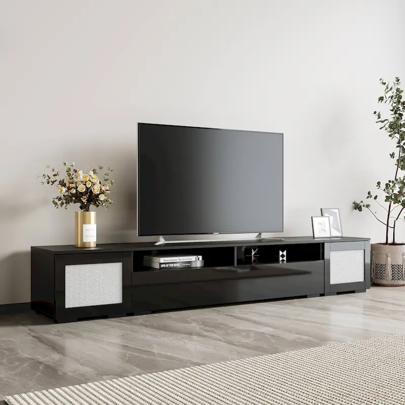TV Stand with LED Lights and Push-Open Doors - Black, 82.6