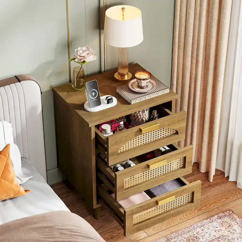 Wood and Rattan 3-Drawer Nightstand with Metal Handles
