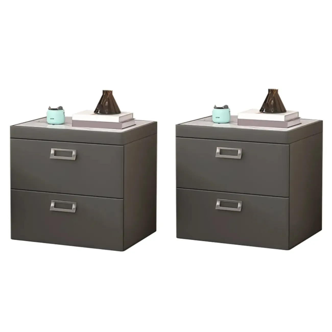 Modern Faux Leather 2 Drawers Nightstand with Stone Top