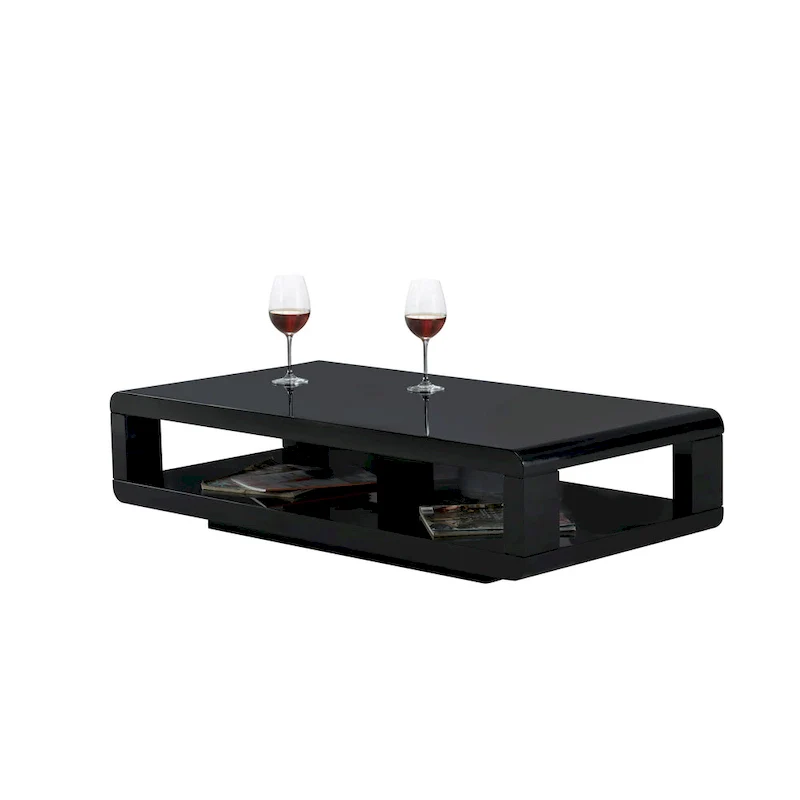 Black Glossy Wood-Top Coffee Table with Storage Shelf