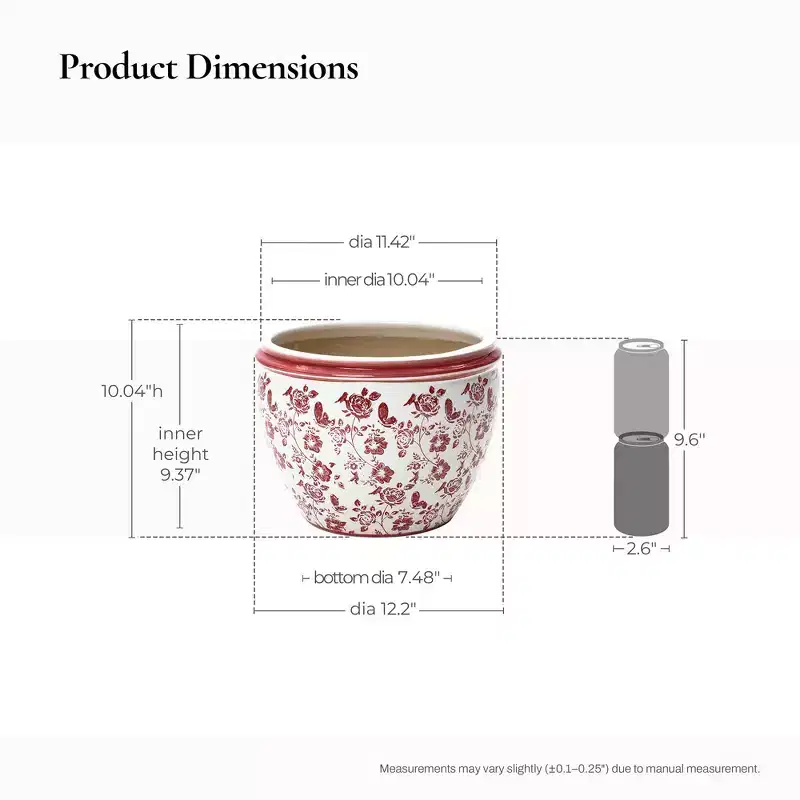 LuxenHome Red Floral Ceramic Planter, Round, Indoor & Outdoor Garden Pot