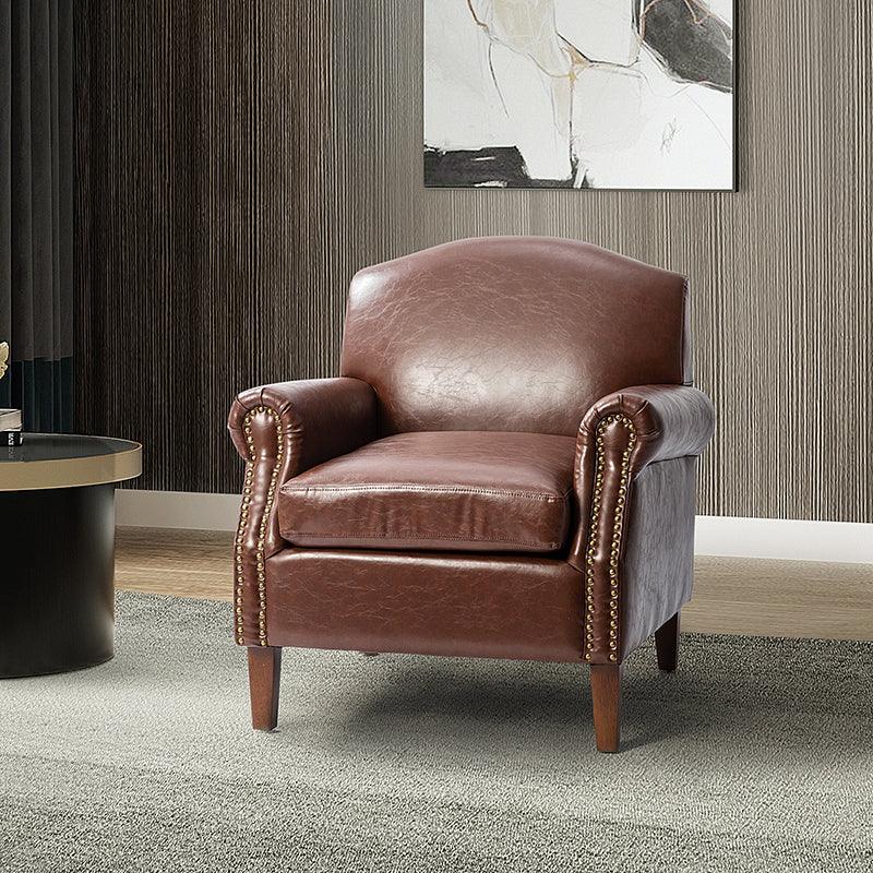 PU Leather Camel Back Armchair with Nailhead Trim, Roll Arms, Foam Fill & Walnut Solid Wood Legs | Brown / Camel / Taupe / Navy / Black | Single Seat