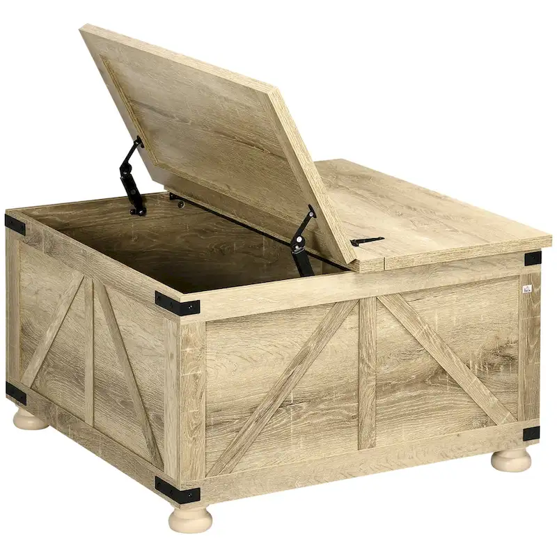 Antique White / Natural / White Square Flip-Top Coffee Table with Hidden Storage
