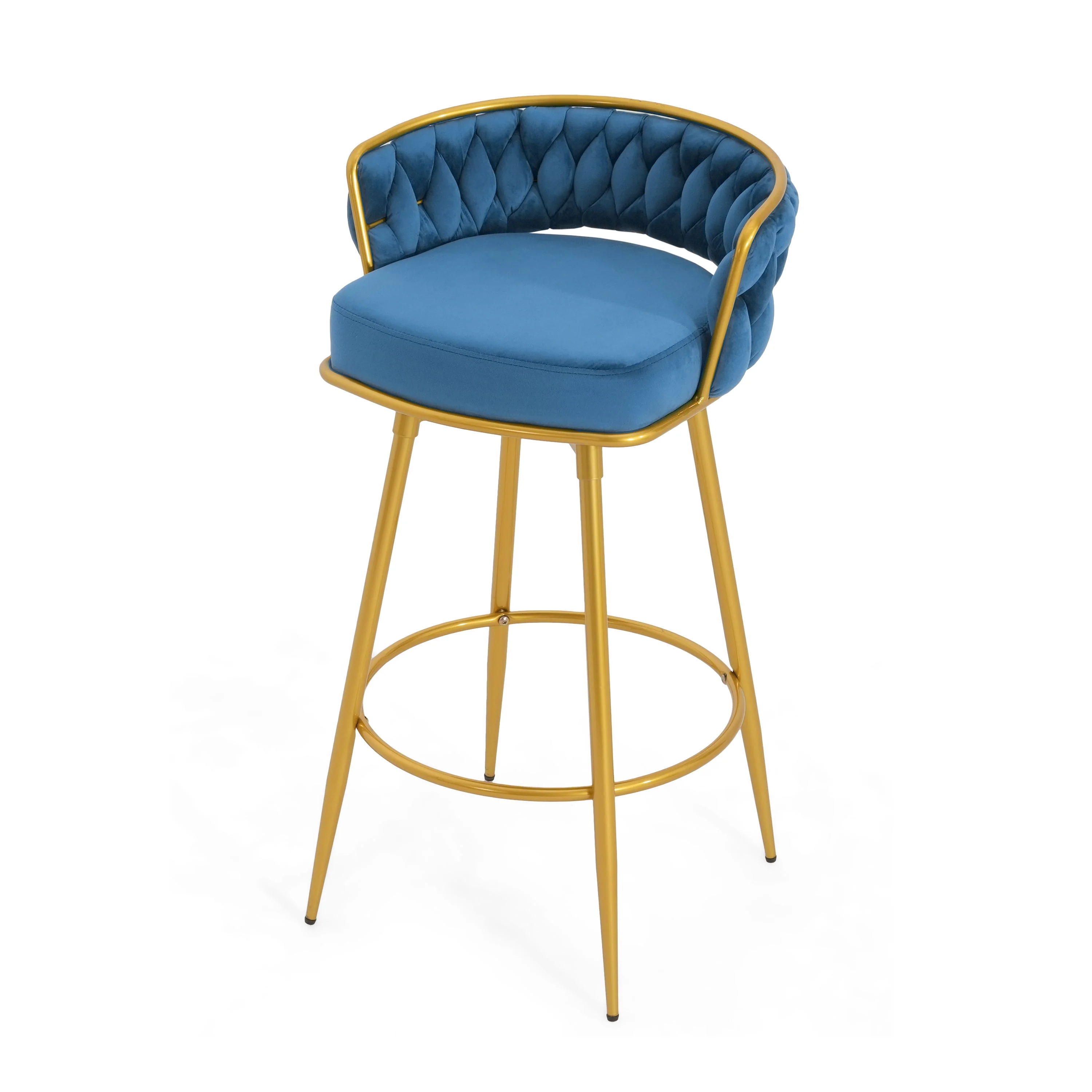 Set of 2 Velvet Swivel Bar Stools 180¡ã Gold Frame w/ Woven Back & Footrest