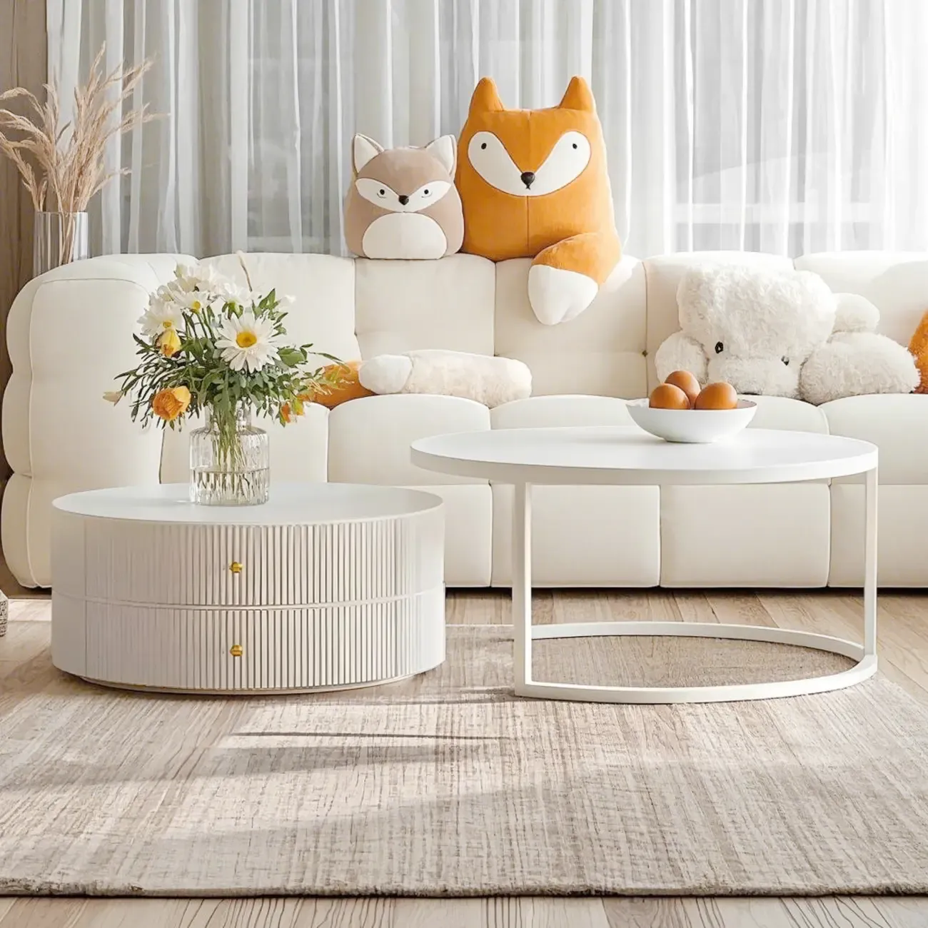 White Round Wheeled Round Wood Drawer Coffee Table