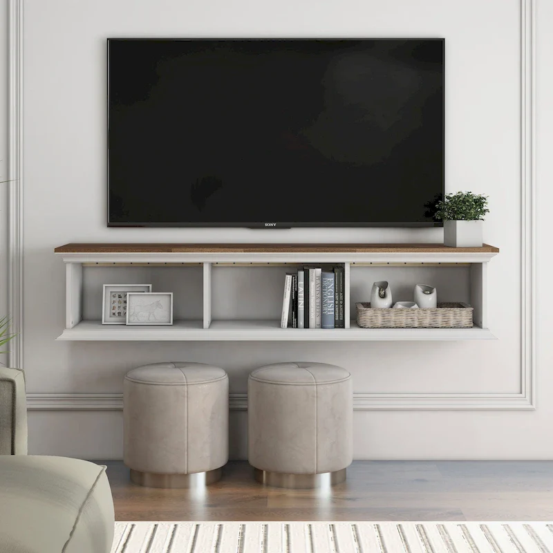 DH BASIC Transitional White 63-Inch 3-Shelf Floating TV Stand by Denhour