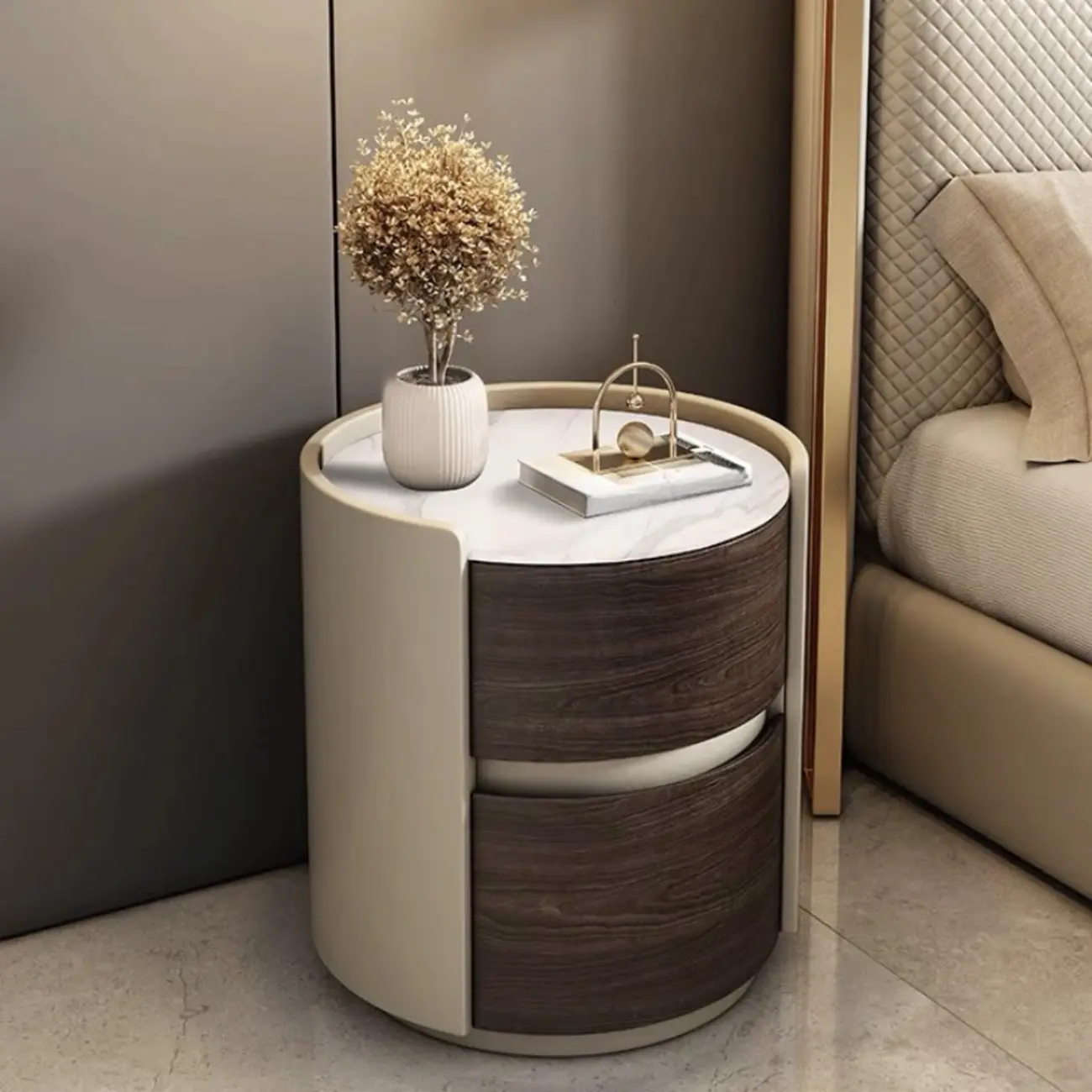 Narrow Pine Wood Soft-Close 2 Tier Round Bedside Table