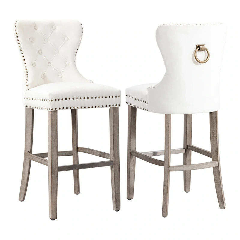 Carter 29  Wingback Tufted Nailhead Bar Stool (Set of 2), Antique Grey Legs