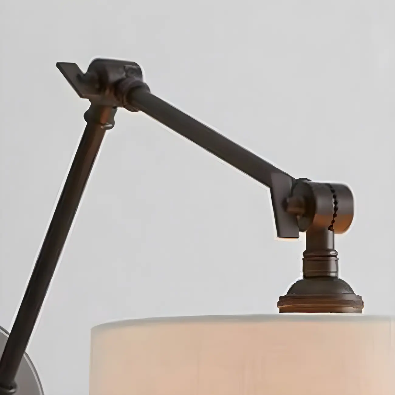 Black 1-Light Metal Swing Arm Wall Light with White Fabric Shade