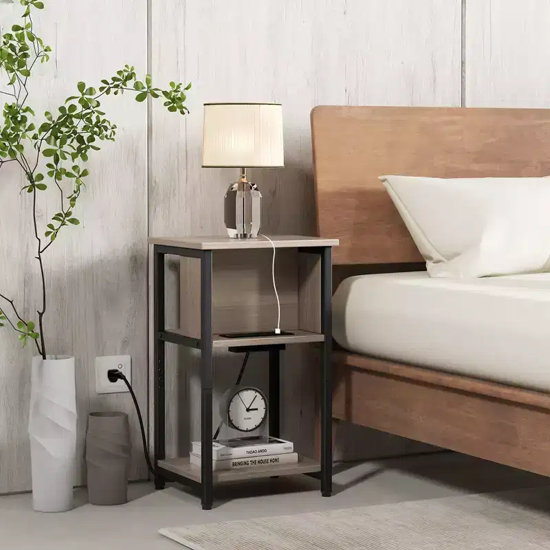 Costway 1/2 PCS Nightstand 3-Tier End Table with Charging Station USB Ports & Power Outlets Grey & Black