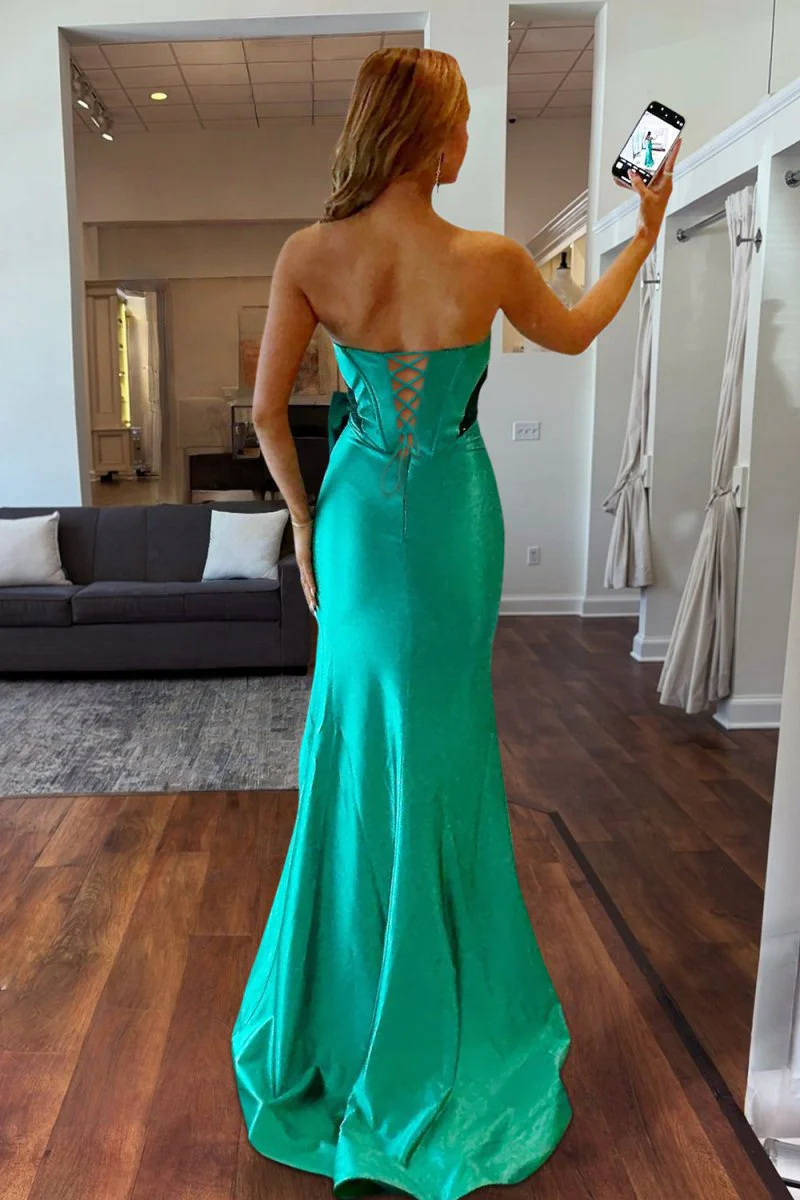 Emerald Strapless Mermaid Satin Long Prom Dresses With Bowknot
