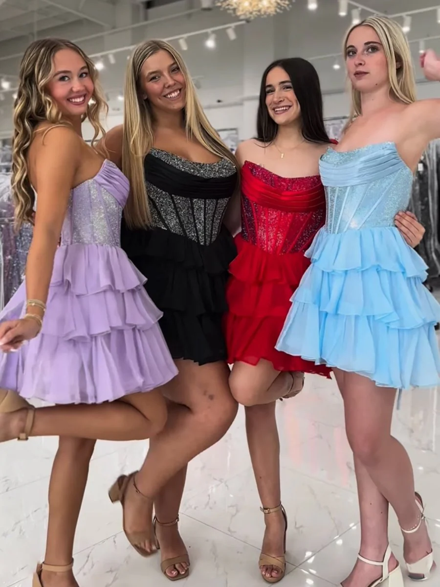 Lilac - Strapless A Line Chiffon Beaded Homecoming Dress With Ruffles