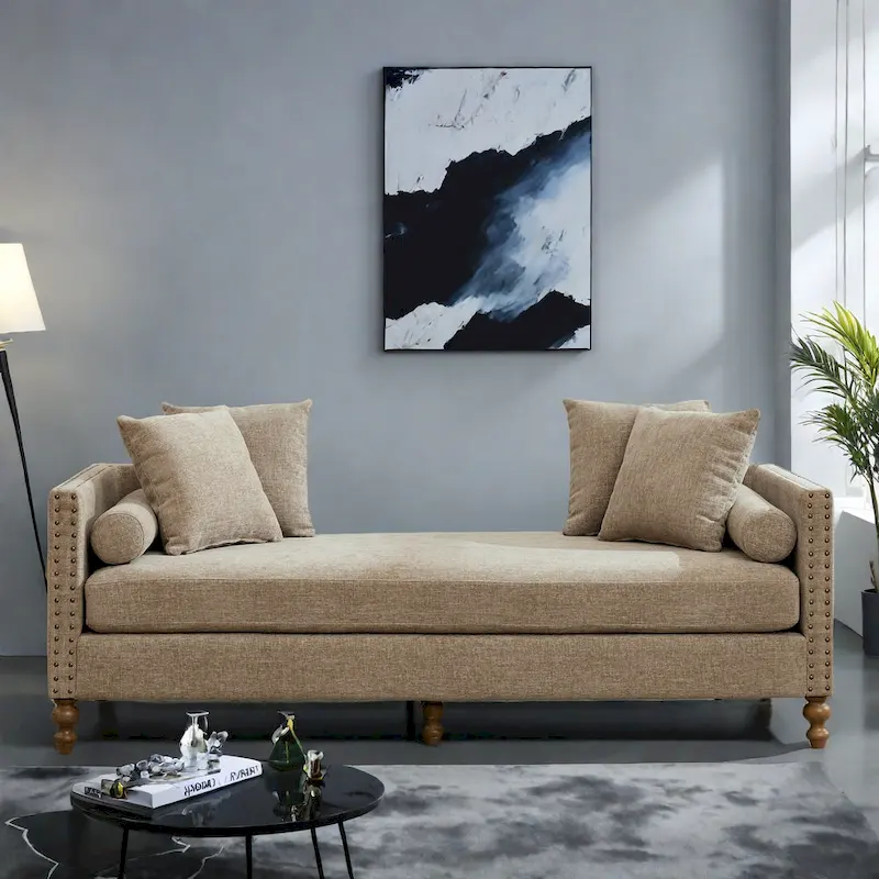 Gray / Beige / Taupe Chenille Chaise Lounge with Brass Nailheads and Walnut Legs – 2 Person