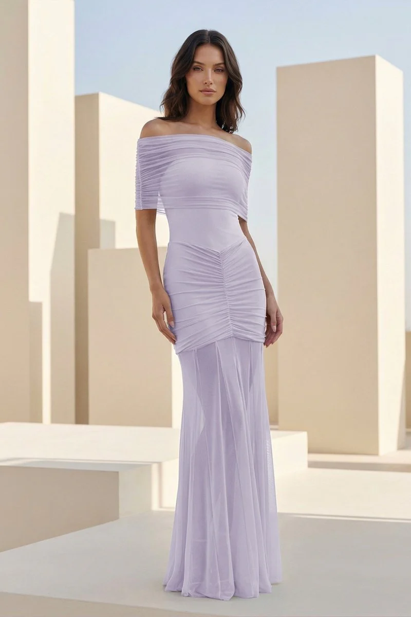 Ivory Mermaid Off The Shoulder Ruched Tulle Long Prom Dresses